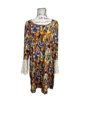 Tacera XL Multicolor Paisley Tunic Dress With Lace Bell Sleeves